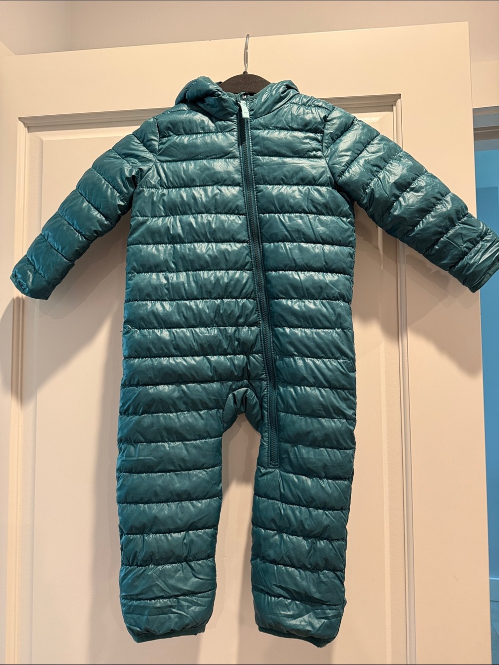 Primary Teal Quilted Infant Hooded Snowsuit